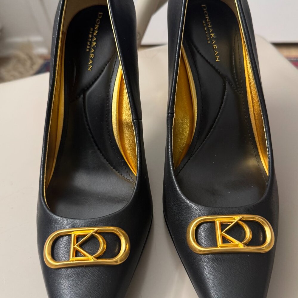 Classic Black Donna Karan Pointed-Toe Pumps with Gold Logo Hardware